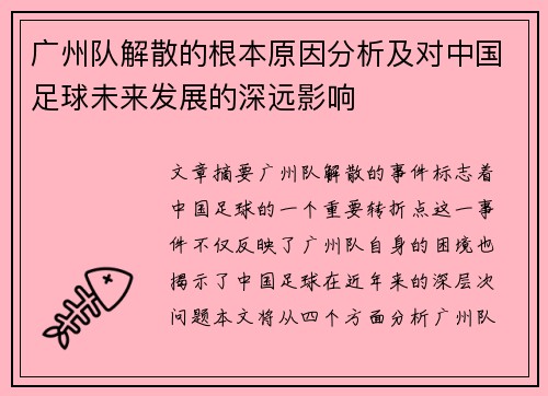 广州队解散的根本原因分析及对中国足球未来发展的深远影响